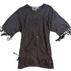 Mamta Women's Gray Rayon Embroidered Fringe Kimono Tunic Free Size Small-Medium
